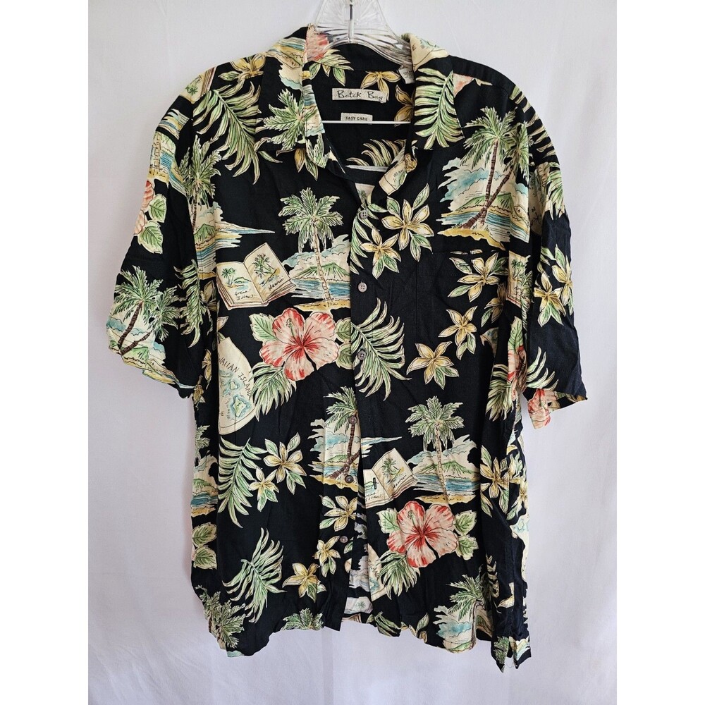 Batik Bay Mens XL Hawaiian Shirt Black Floral Rayon Button Up Tropical